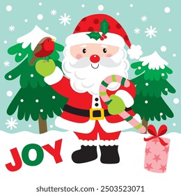 Santa Claus with Candy cane and Robin Bird For Christmas Card or Bag design
