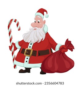 Santa Claus with a candy cane and a sack of presents. Christmas illustration. Vector illustration EPS 10.