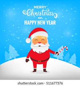 Santa Claus with candy. Santa Claus in winter snow scene