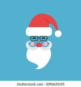 Santa Claus cap, beard, moustache, nose. New Year, Christmas, holiday and celebration concept. Greeting card or poster template. Flat design. Vector illustration. EPS 8, no gradients, no transparency