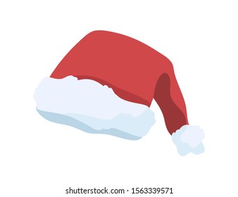 Santa claus cap flat vector illustration. Festive christmas hat, traditional xmas headdress isolated on white background. Warm winter season headwear, funny headdress. New year celebration symbol.