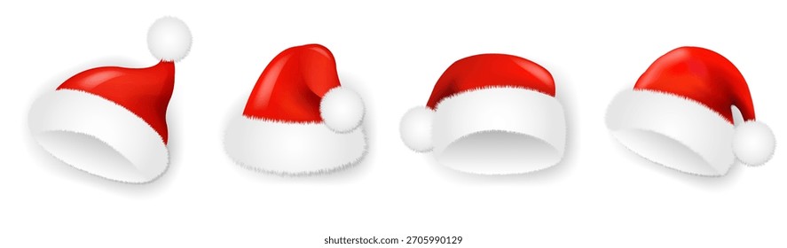 Santa Claus Cap Set Isolated White Background With Gradient Mesh, Vector Illustration