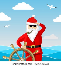 Santa Claus captain in dark glasses at the helm in the sea. Sea waves and seagulls around. Vector graphics. New Year, Christmas holiday