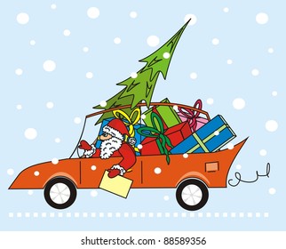 Santa Claus in the car, comic crazy illustration, christmas tree, card, eps.