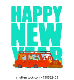 Santa Claus in car and deer and elf. Happy New Year. Christmas vector illustration.