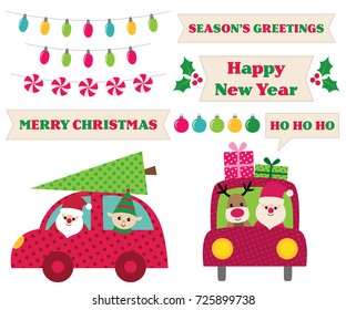 Santa Claus in a car, vector Christmas design elements collection