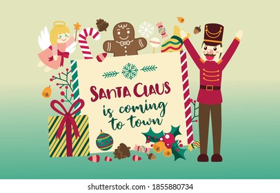 Santa Claus Card With Nutcracker Soilder and Christmas Angel with Ornaments, Vector, Illustration