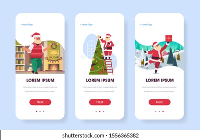 santa claus cards web pages merry christmas happy new year holiday celebration mobile app screen set horizontal full length copy space vector illustration