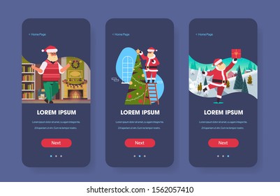 santa claus cards web pages merry christmas happy new year holiday celebration mobile app screen set horizontal full length copy space vector illustration