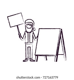 santa claus caricature faceless full body holding a wooden poster and empty advertising with hat and costume blurred silhouette on white background vector illustration