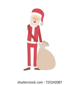 santa claus caricature full body dragging a gift bag hat and costume on colorful silhouette vector illustration