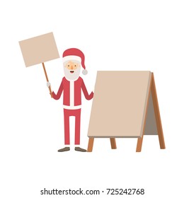 santa claus caricature full body holding a wooden poster and empty advertising with hat and costume on colorful silhouette vector illustration