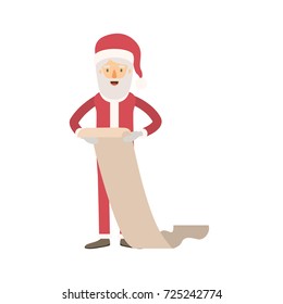 santa claus caricature full body holding a gift list in paper with hat and costume on colorful silhouette vector illustration