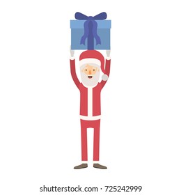 santa claus caricature full body holding up a gift with hat and costume on colorful silhouette vector illustration