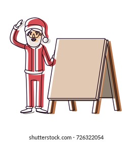 santa claus caricature full body with a placard and hat with christmas costume watercolor silhouette on white background vector illustration