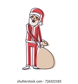 santa claus caricature full body dragging a gift bag hat and costume watercolor silhouette on white background vector illustration