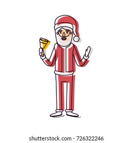 santa claus caricature full body holding a bell with hat and costume watercolor silhouette on white background vector illustration