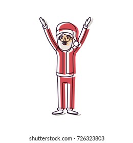 santa claus caricature full body with hands up hat and costume watercolor silhouette on white background vector illustration