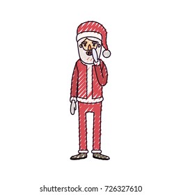 santa claus caricature full body with surprised expression hat and costume on color crayon silhouette on white background vector illustration
