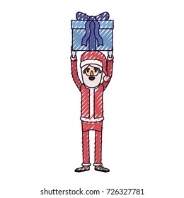 santa claus caricature full body holding up a gift with hat and costume on color crayon silhouette on white background vector illustration