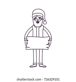 santa claus caricature full body holding a wooden piece with hat and costume silhouette on white background vector illustration