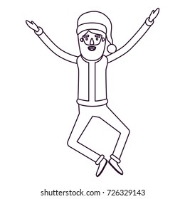 santa claus caricature full body jumping with hat and christmas costume silhouette on white background vector illustration