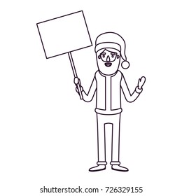 santa claus caricature full body holding a poster with pole with hat and costume silhouette on white background vector illustration