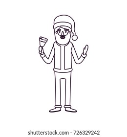 santa claus caricature full body holding a bell with hat and costume silhouette on white background vector illustration