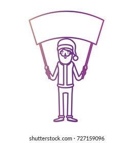 santa claus caricature full body holding a empty poster advertising with hat and costume on gradient color silhouette from yellow to fuchsia vector illustration