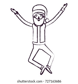 santa claus caricature full body jumping with hat and costume blurred silhouette on white background vector illustration