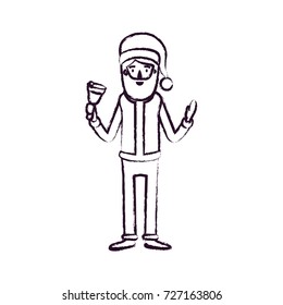 santa claus caricature full body holding a bell with hat and costume blurred silhouette on white background vector illustration
