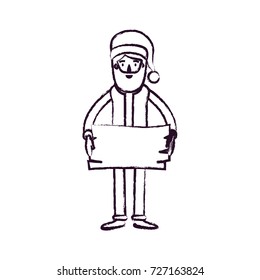 santa claus caricature full body holding a wooden piece with hat and costume blurred silhouette on white background vector illustration
