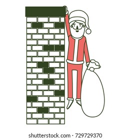 santa claus caricature full body hanging of chimney brick fireplace and holding a gift bag with hat and costume on color section silhouette vector illustration