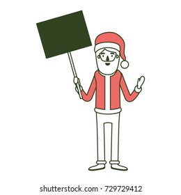santa claus caricature full body holding a poster with pole with hat and costume on color section silhouette vector illustration