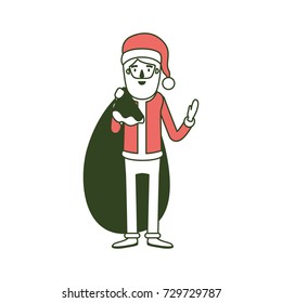 santa claus caricature full body with gift bag hat and costume on color section silhouette vector illustration