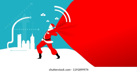 Santa Claus caring huge sack of presents to the City. Christmas in Business 
