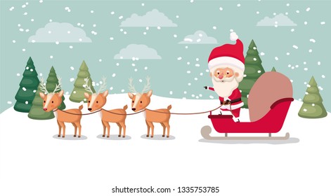 santa claus with carriage and deer in snowscape