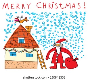 Santa Claus carries a bag of gifts. A letter from the child for Santa. Hand made Greeting card.