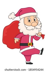 santa claus carries a bag of gifts. vector illustration in cartoon style. isolated on white background