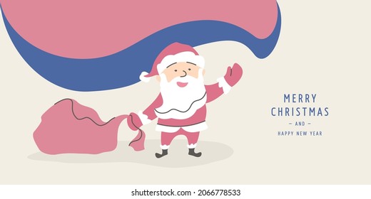 Santa Claus carries a bag of gifts and waves his hand