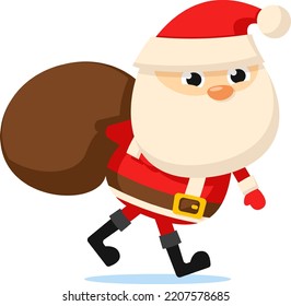 Santa Claus carries a bag with gifts on a white background. Christmas