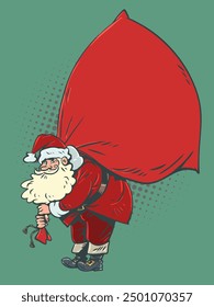 Santa Claus carries a bag of gifts. The upcoming new year holiday and santa costume. Delivery of purchases for customers.Comic cartoon pop art retro vector illustration hand drawing