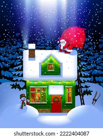 Santa Claus carries a big red bag with gifts on the roof of an illuminated house with a snowman against the night winter forest in the snow. Christmas and 
New Year greeting card. Vector illustration