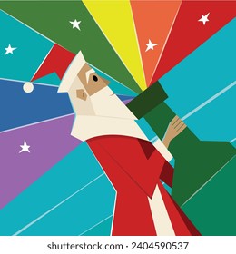 Santa Claus carries a bottle of champagne at night with rainbow sprinkles. New Year or Christmas LGBT greeting card. Holiday colorful poster.