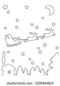 Santa Claus carries Christmas gifts on reindeer. Coloring book page for kids. Cartoon style character. Vector illustration isolated on white background.