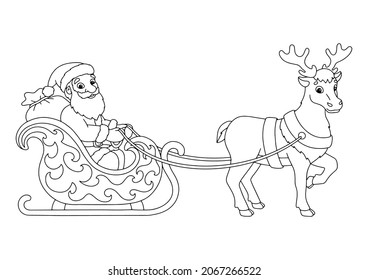 Santa Claus carries Christmas presents on a reindeer sleigh. Coloring book page for kids. Cartoon style character. Vector illustration isolated on white background.