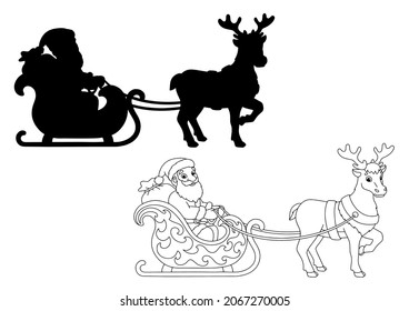 Santa Claus carries Christmas presents on a reindeer sleigh. Black silhouette. Design element. Vector illustration isolated on white background. Template for books, stickers, posters, cards, clothes.