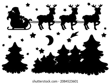 Santa Claus carries Christmas presents on a reindeer sleigh. Black silhouette. Design element. Vector illustration isolated on white background. Winter forest.