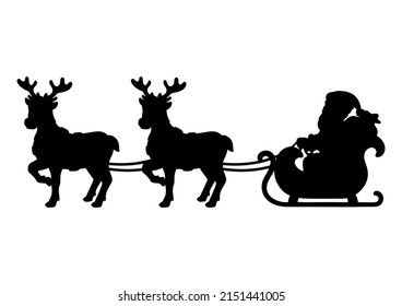 Santa Claus carries Christmas presents on a reindeer sleigh. Black silhouette. Design element. Vector illustration isolated on white background. Template for books, stickers, posters, cards, clothes.