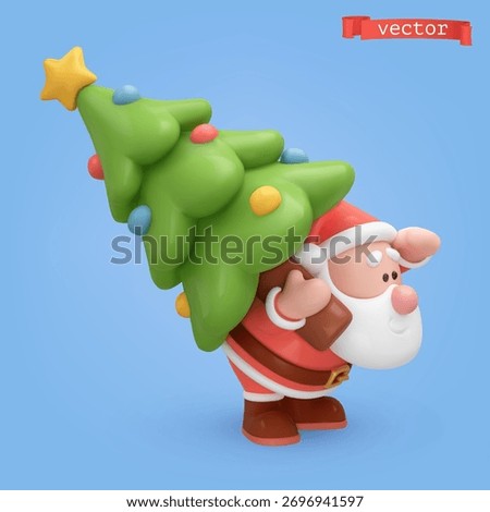 Santa Claus carries a Christmas tree, 3d cartoon vector icon